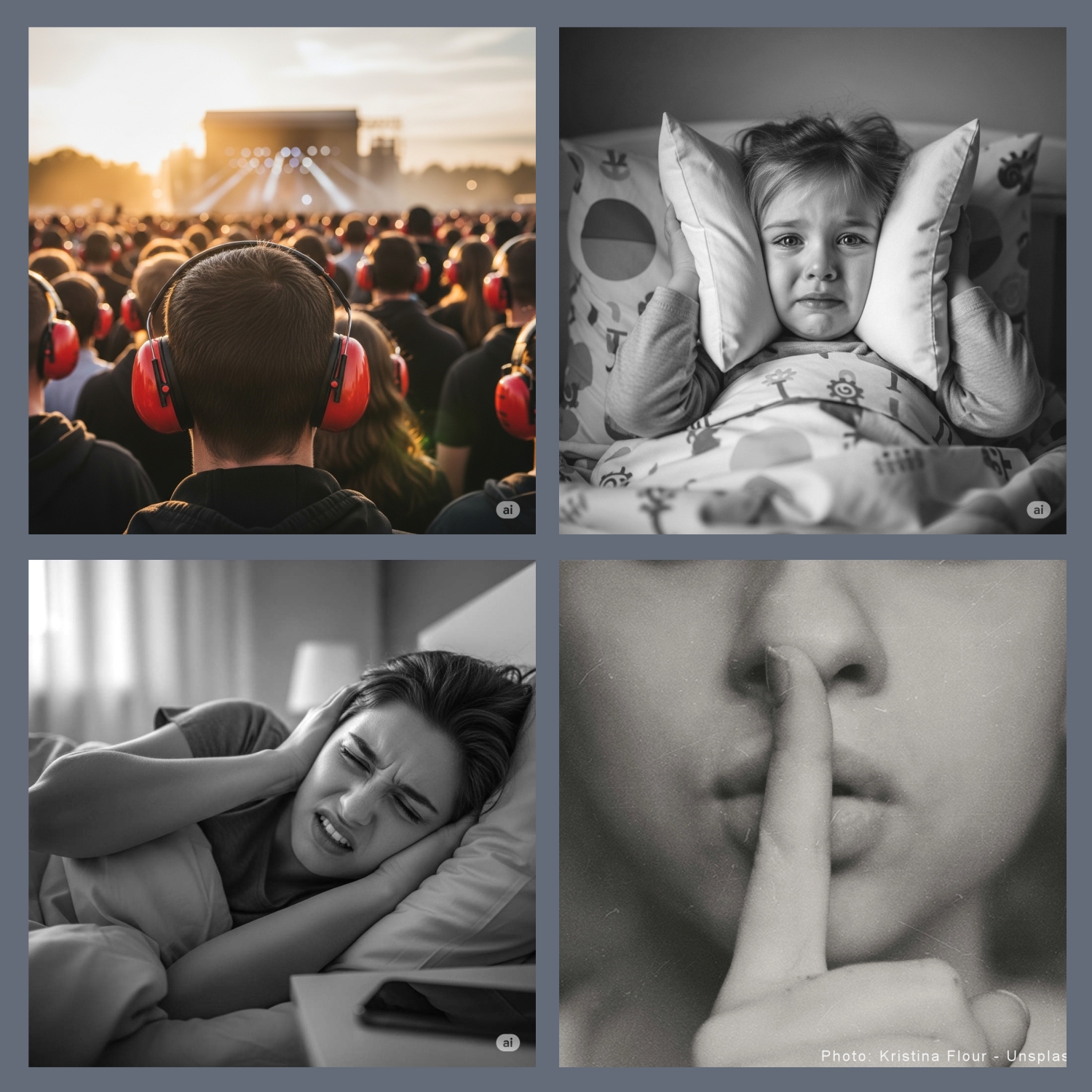 image shows four pictures of people with hands over their ears being disturbed by loud noise